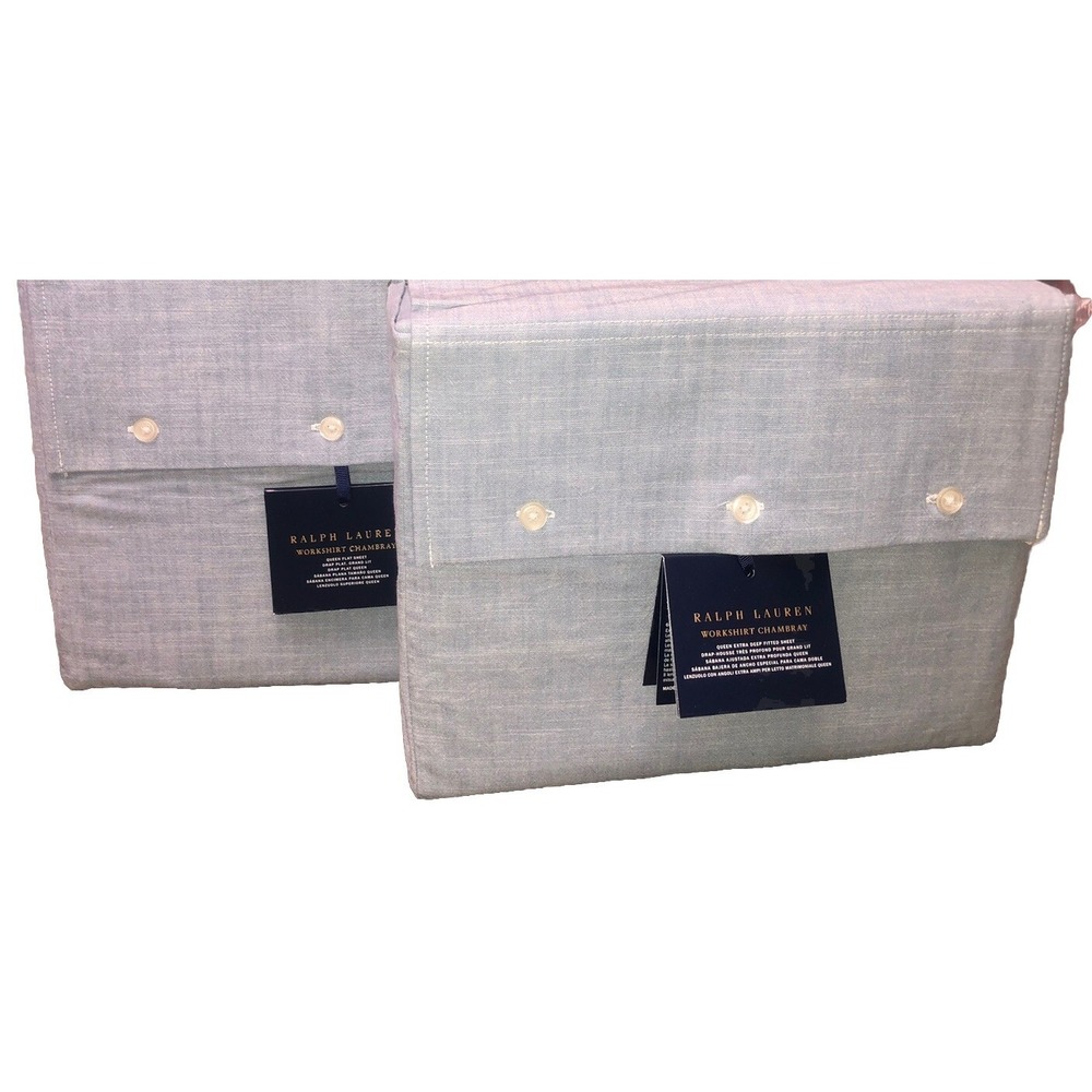 Ralph Lauren Sheet Set King Workshirt Chambray Blue Fitted/Flat 2pc NEW